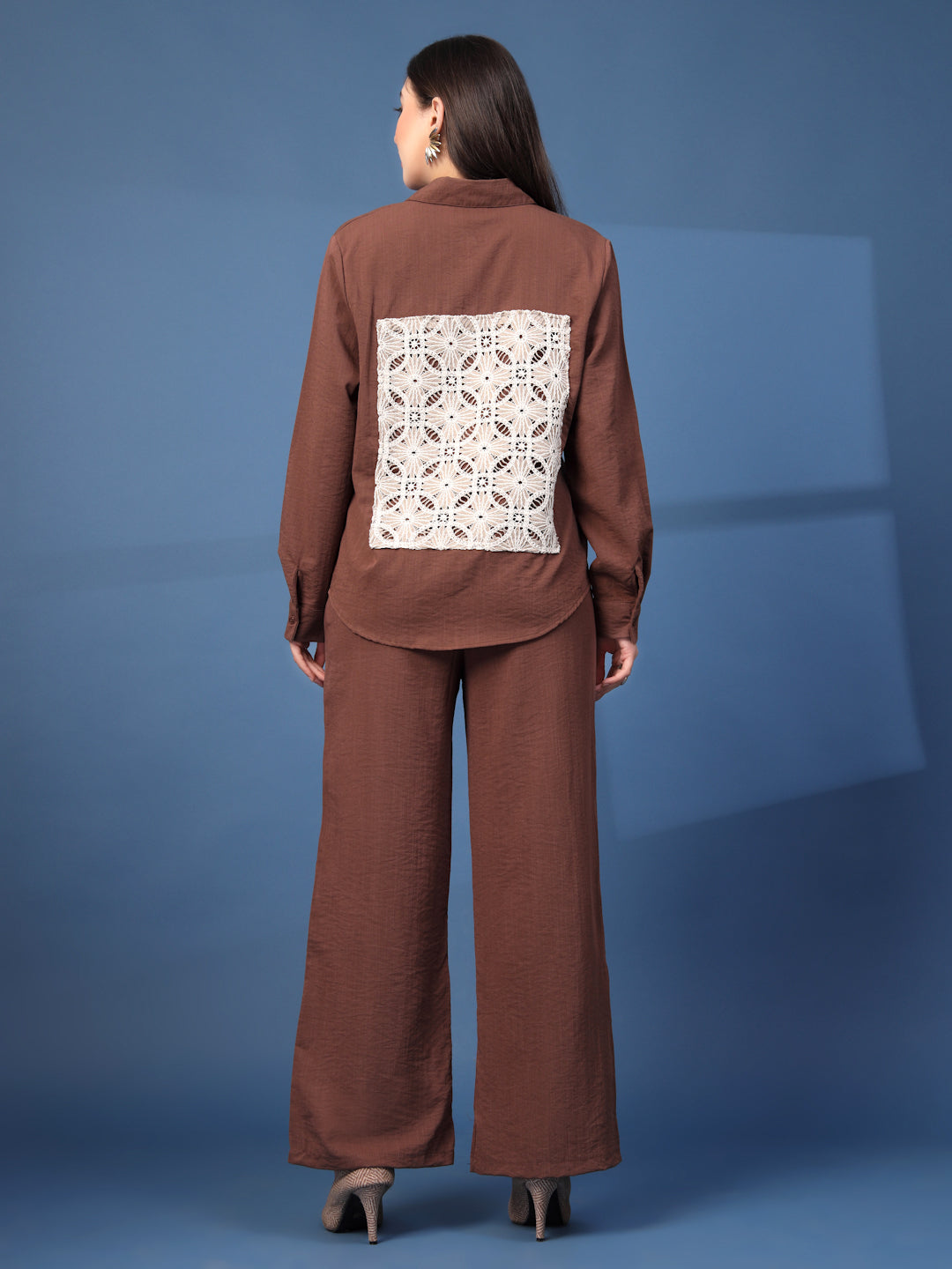 Thirty Threads Womens Coffee Embroidered Collar Neck Regular Co-Ord Set