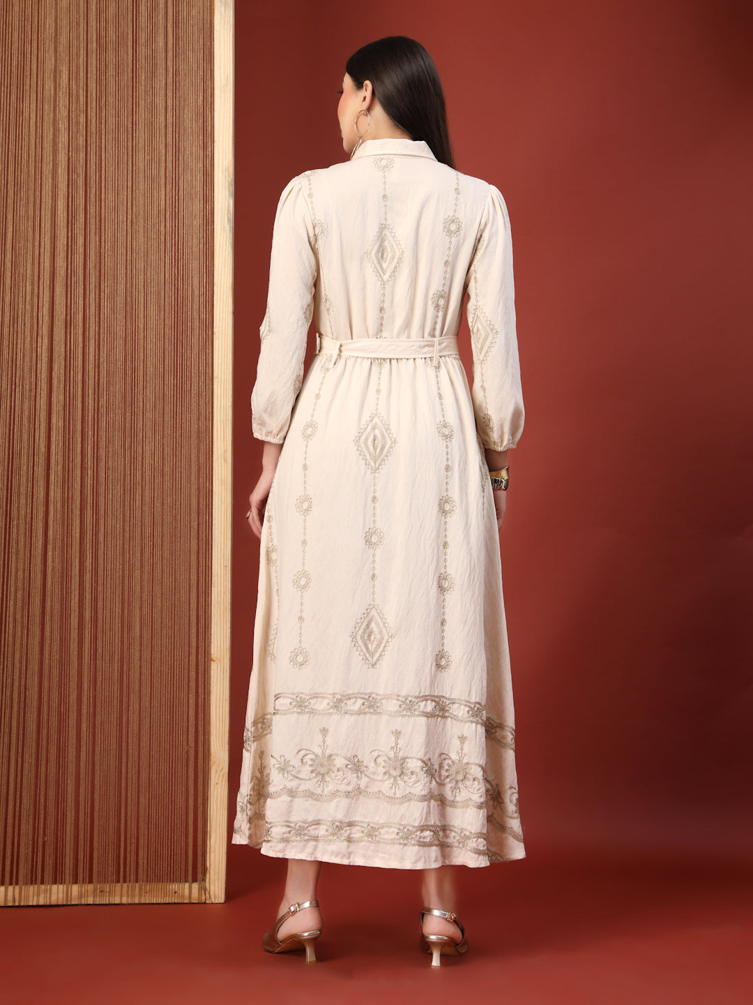 Thirty Threads Womens Oat Ethnic Motifs Collar Neck Ankle Length Dress