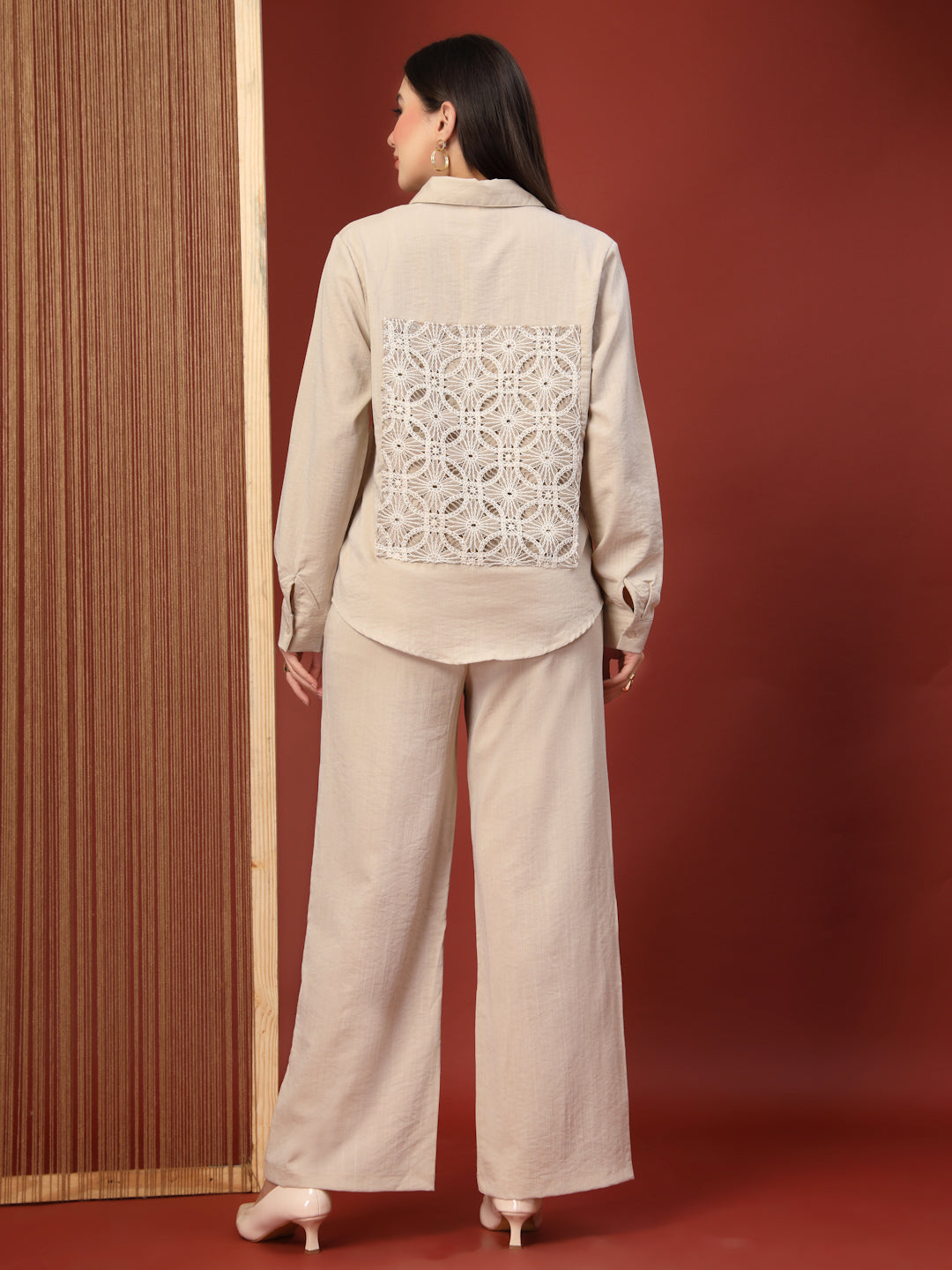 Thirty Threads Womens Beige Embroidered Collar Neck Regular Co-Ord Set