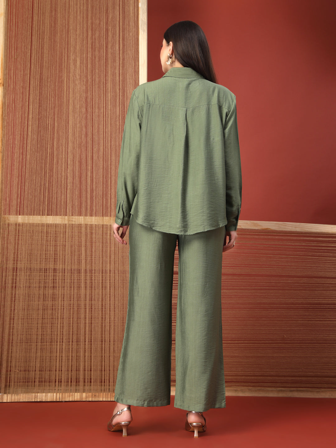 Thirty Threads Womens Green Embellished Collar Neck Regular Co-Ord Set
