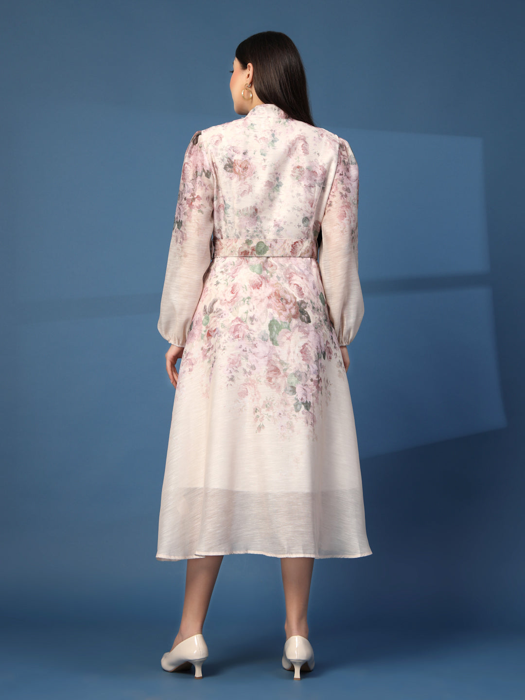 Thirty Threads Womens Peach Floral Mandrain Collar Calf Length Dress
