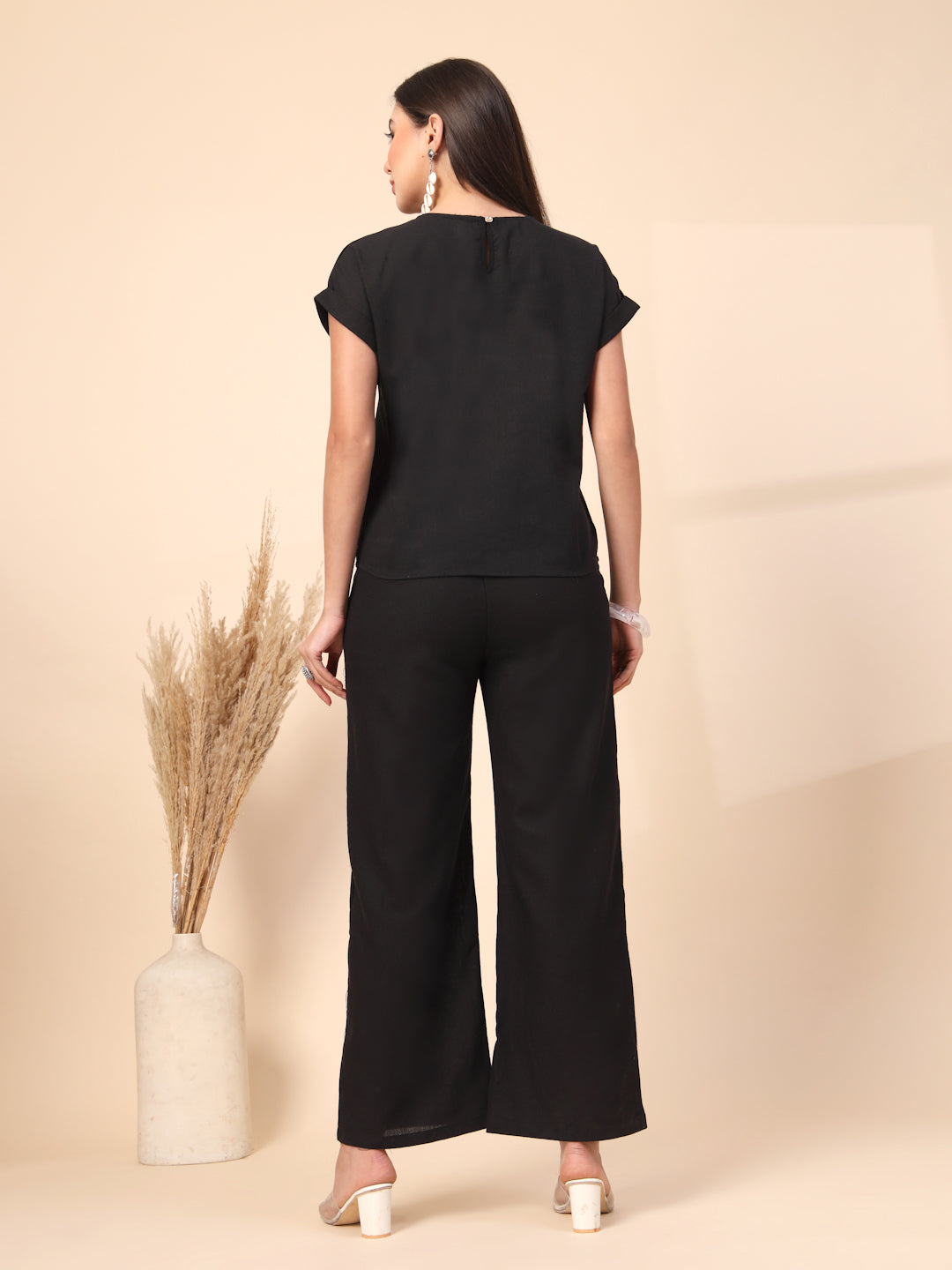 Thirty Threads Womens Black Embroidered Round Neck Regular Co-Ord Set