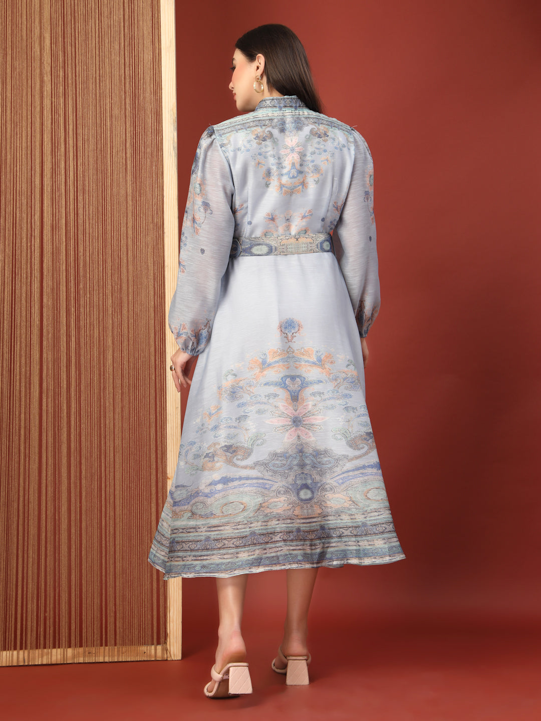 Thirty Threads Womens Multi Floral Mandrain Collar Calf Length Dress