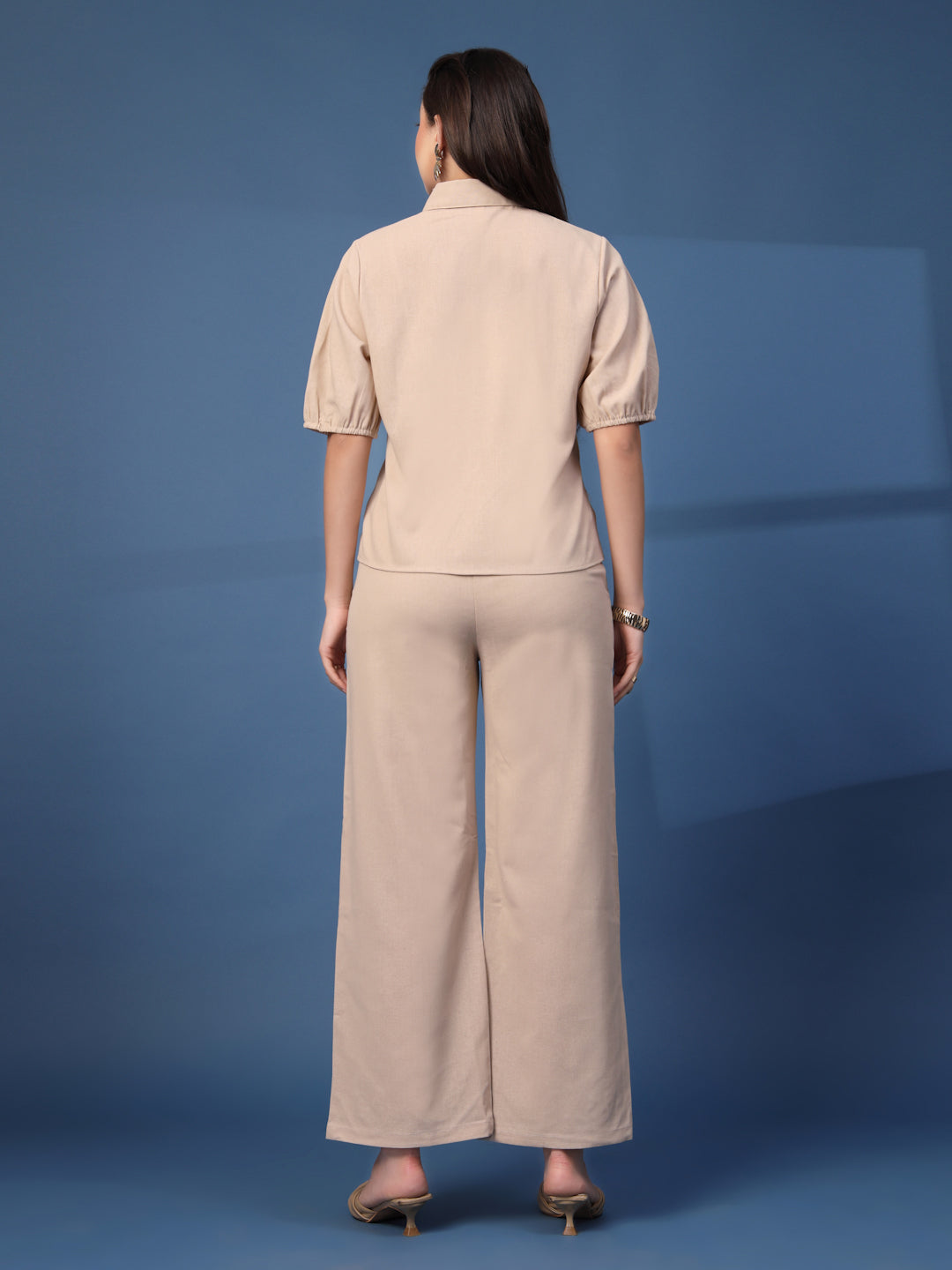 Thirty Threads Womens Beige Embroidered Collar Neck Regular Co-Ord Set