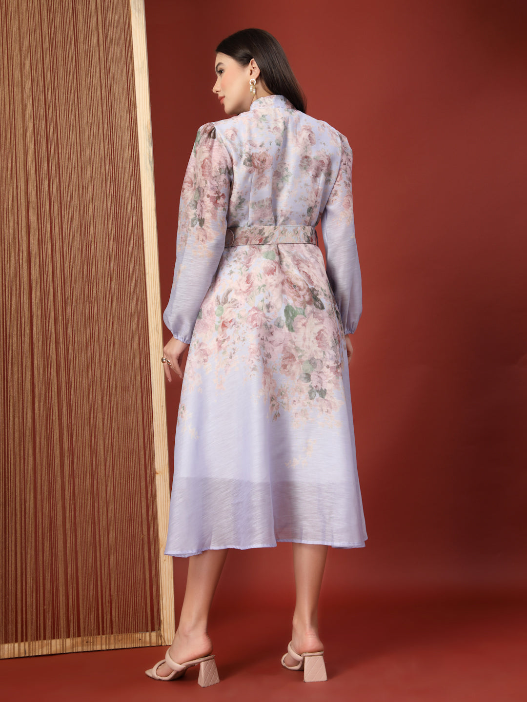 Thirty Threads Womens Multi Floral Mandrain Collar Calf Length Dress