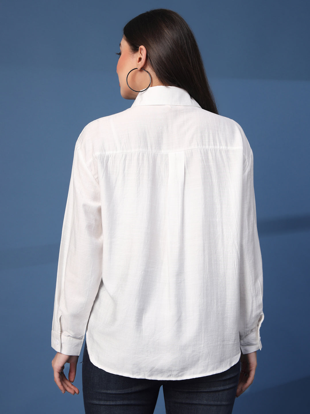 Thirty Threads Womens White Emboirered Collar Neck Long Sleeve Regular Length Shirt