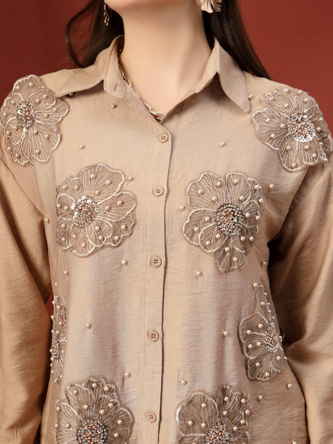 Thirty Threads Womens Beige Embellished Collar Neck Regular Co-Ord Set