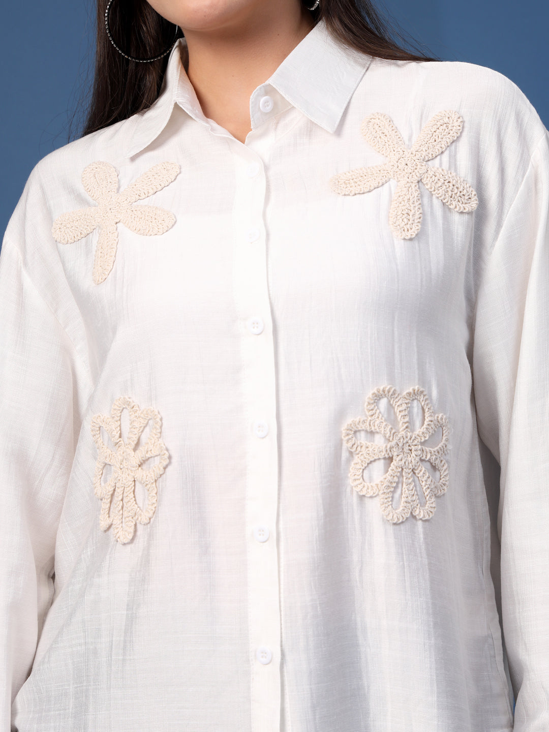 Thirty Threads Womens White Emboirered Collar Neck Long Sleeve Regular Length Shirt