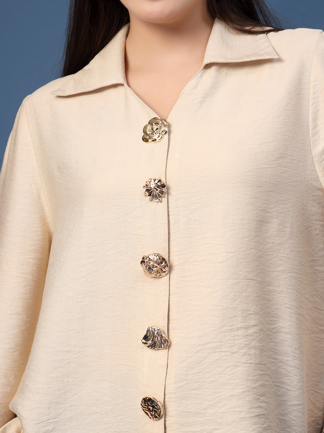 Thirty Threads Womens Beige Solid Collar Neck Long Sleeve Regular Length Shirt