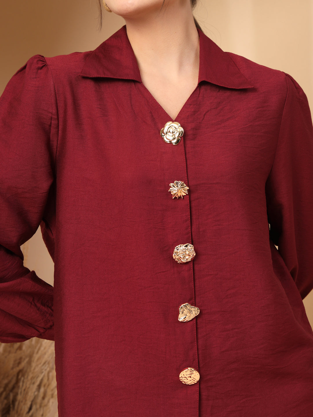 Thirty Threads Womens Beige Solid Collar Neck Long Sleeve Regular Length Shirt