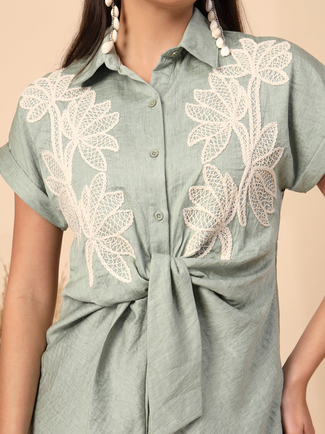 Thirty Threads Womens Green Embroidered Collar Neck Regular Co-Ord Set