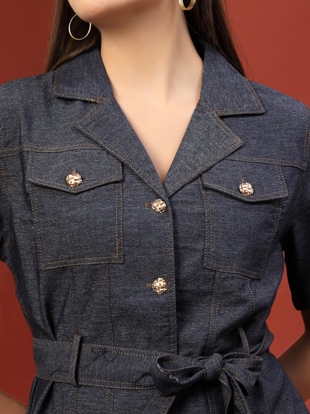 Thirty Threads Womens Denim Blue Solid Lepal Neck Regular Co-Ord Set