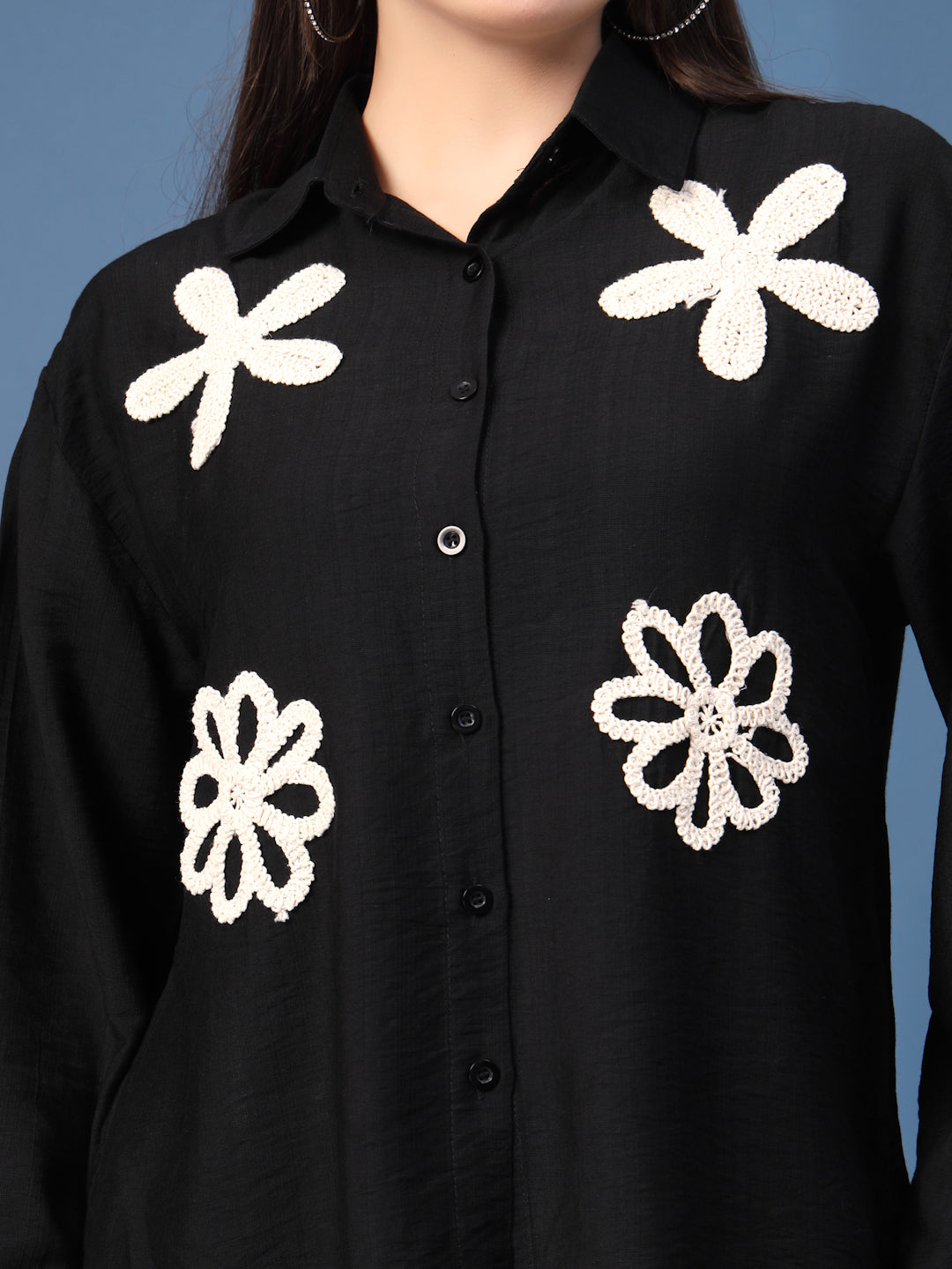 Thirty Threads Womens Black Emboirered Collar Neck Long Sleeve Regular Length Shirt