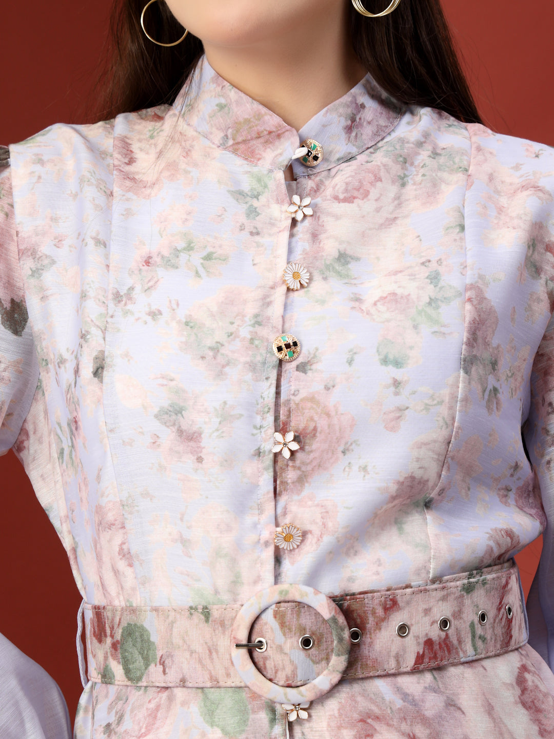 Thirty Threads Womens Peach Floral Mandrain Collar Calf Length Dress