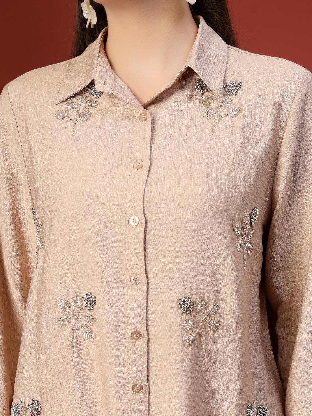 Thirty Threads Womens Peach Embellished Collar Neck Regular Co-Ord Set