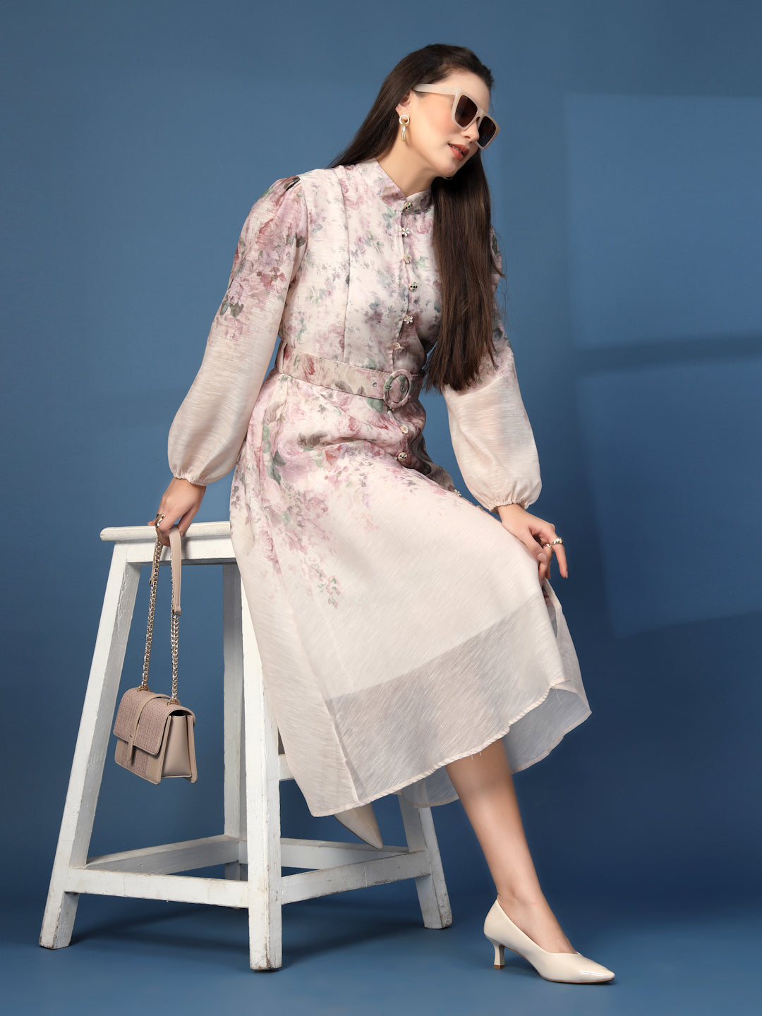 Thirty Threads Womens Peach Floral Mandrain Collar Calf Length Dress