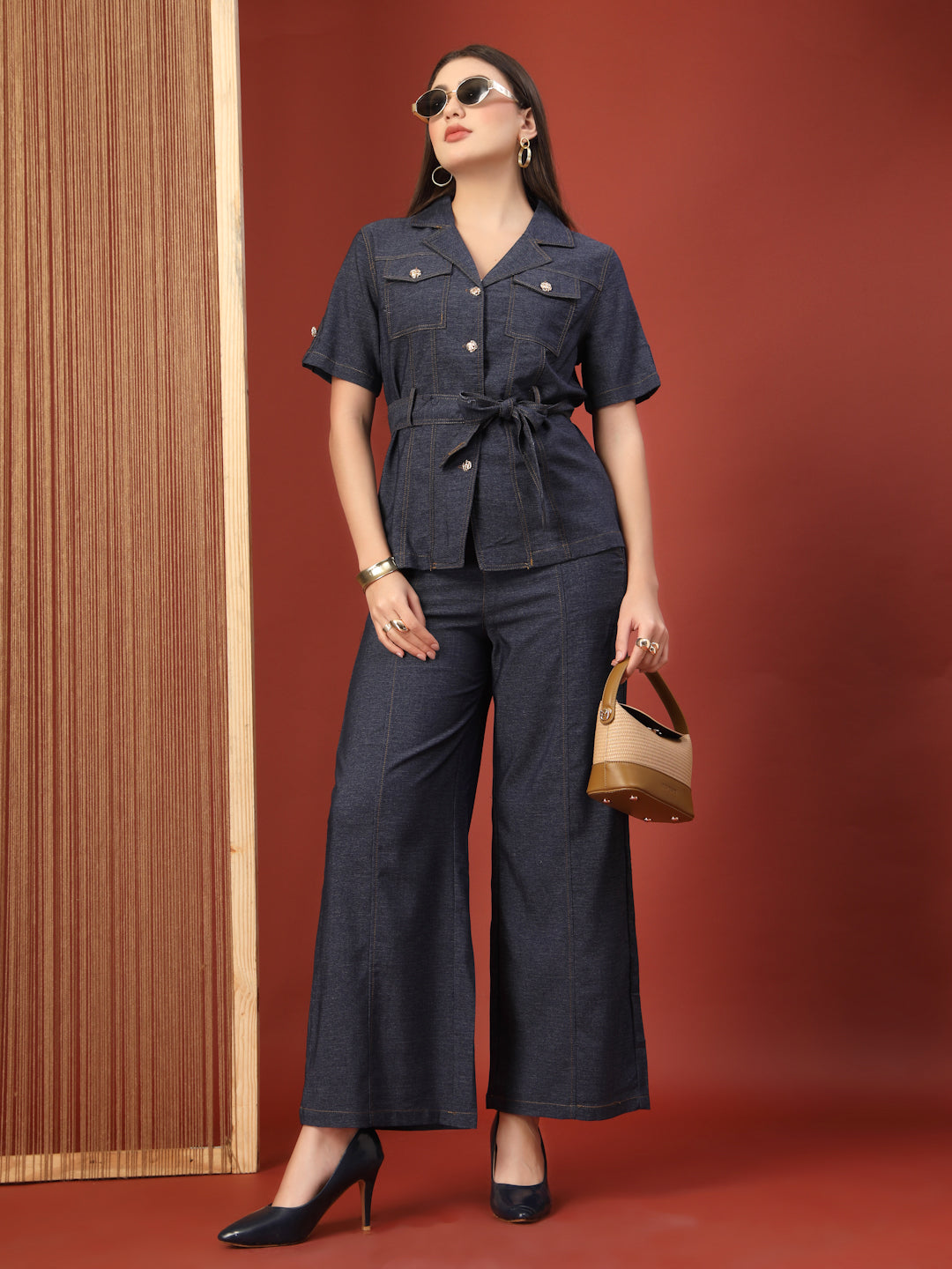 Thirty Threads Womens Blue Solid Lepal Neck Regular Co-Ord Set
