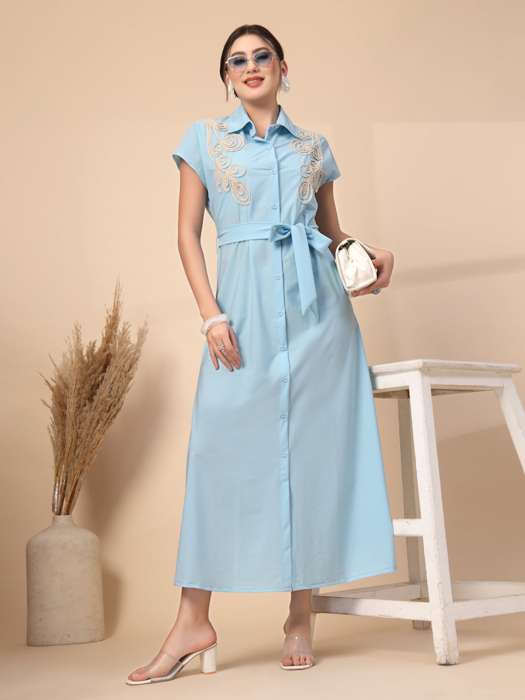 Thirty Threads Womens Sky Blue Emboirered Collar Neck Longline Dress