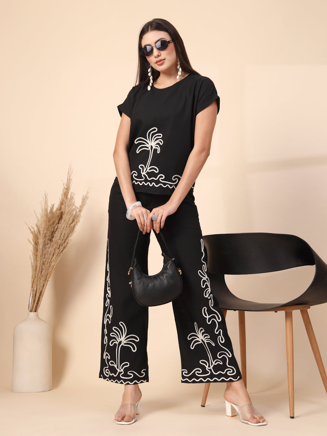Thirty Threads Womens Green Embroidered Round Neck Regular Co-Ord Set