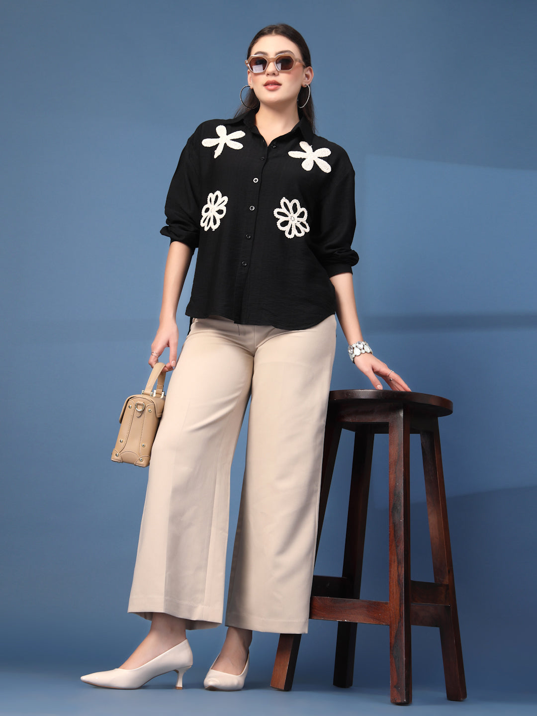 Thirty Threads Womens White Emboirered Collar Neck Long Sleeve Regular Length Shirt