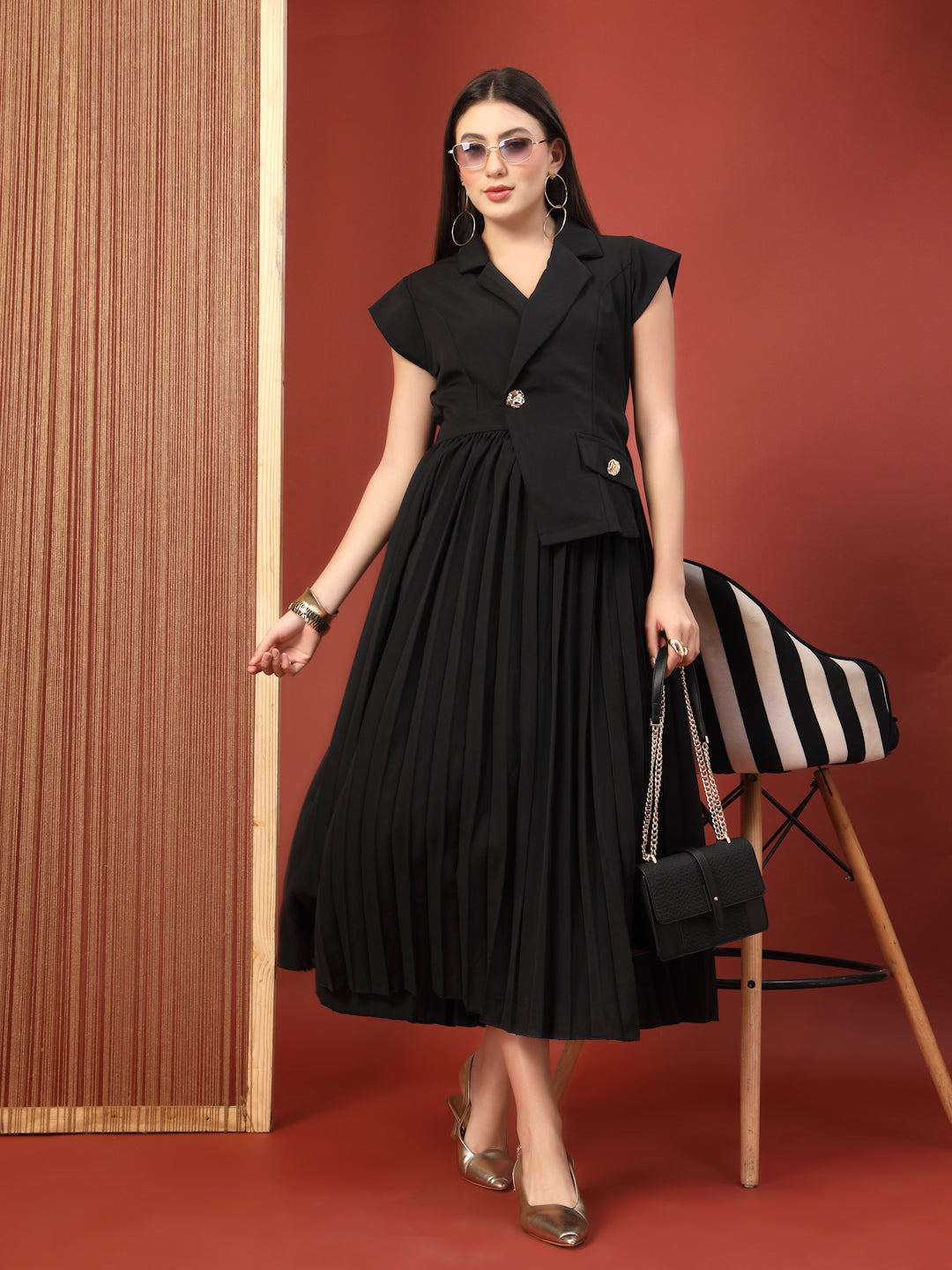 Thirty Threads Womens Black Solid Collar Neck Calf Length Dress