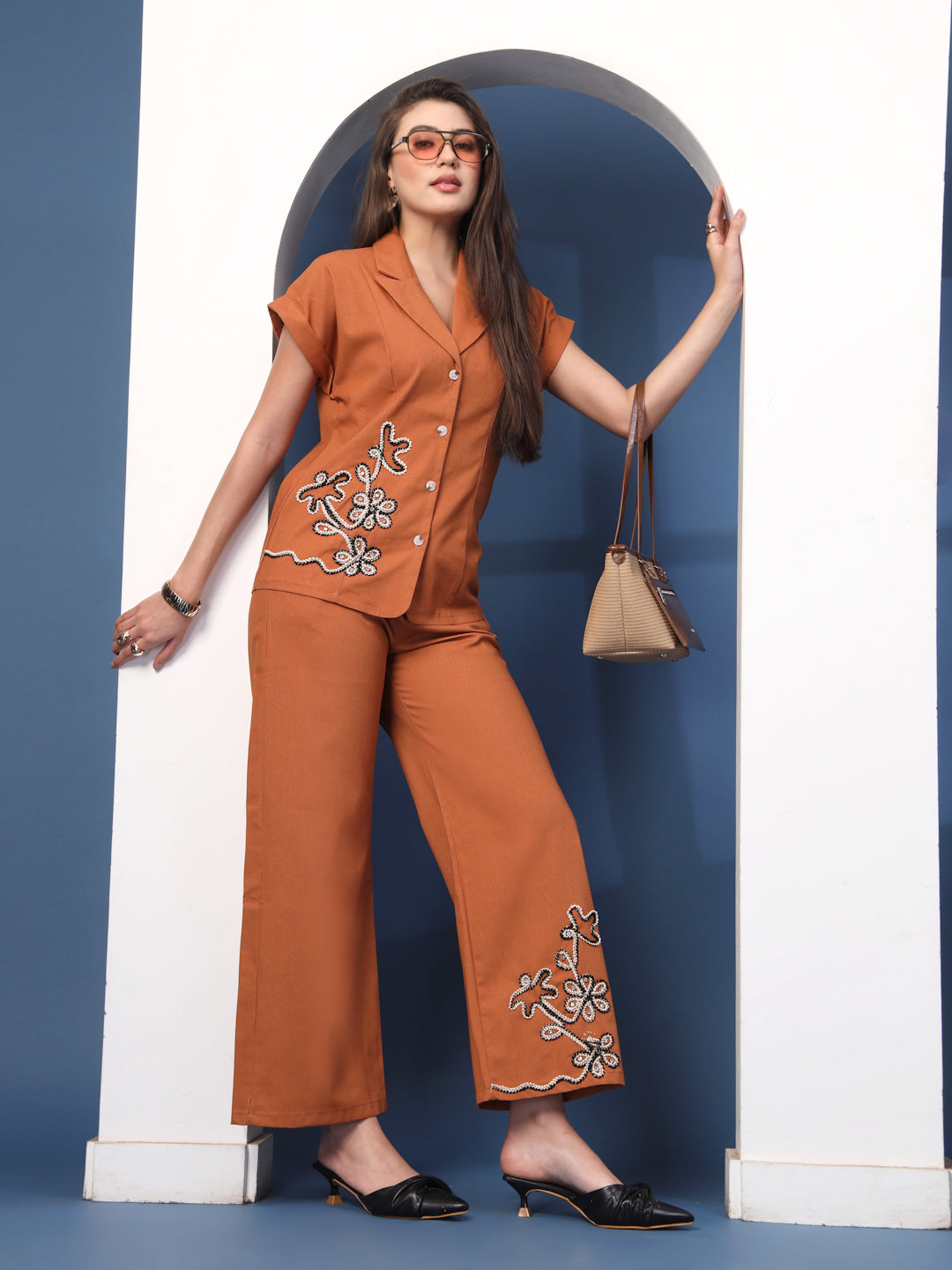 Thirty Threads Womens Rust Embroidered Lepal Neck Regular Co-Ord Set