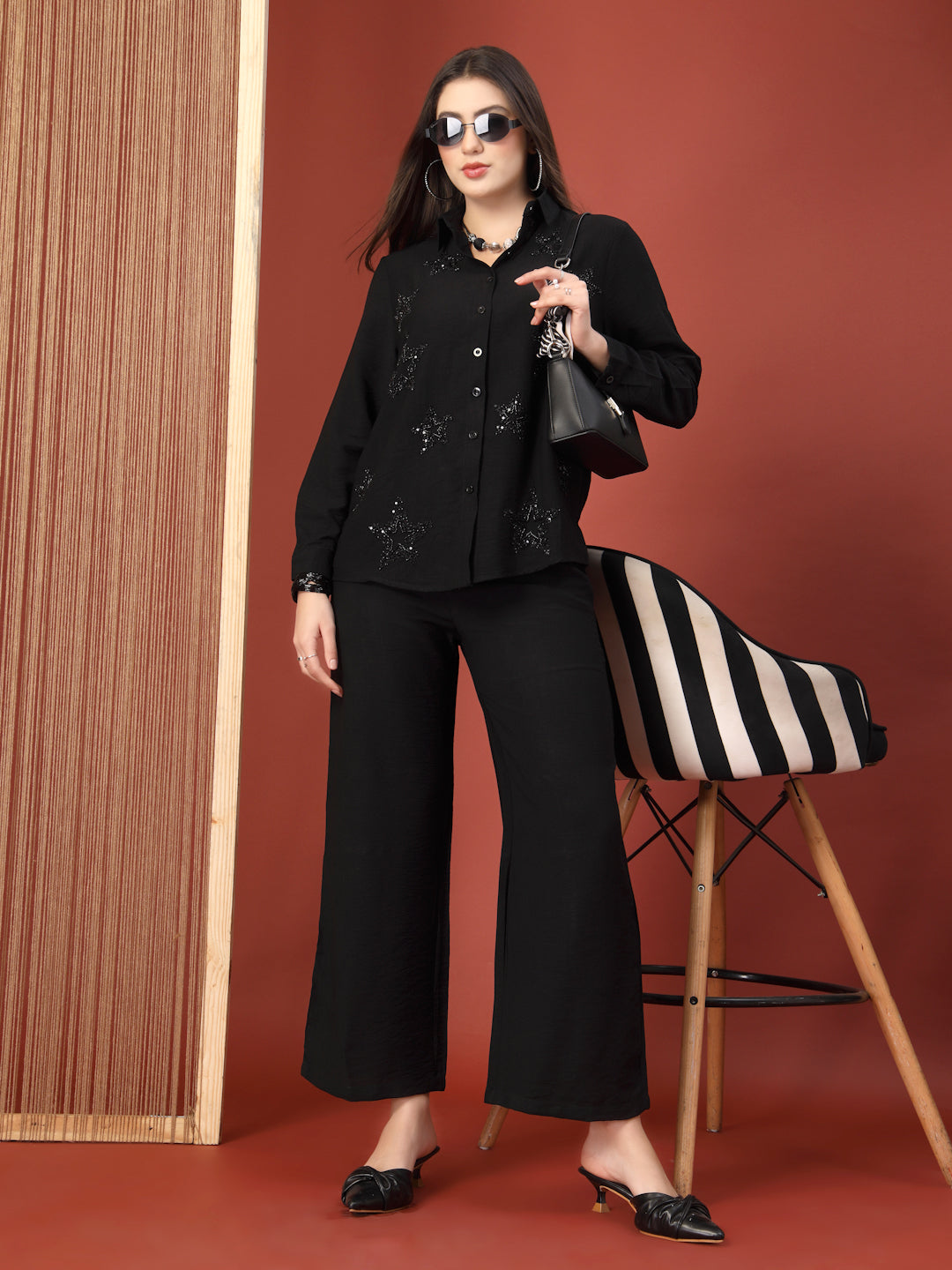 Thirty Threads Womens Black Embellished Collar Neck Regular Co-Ord Set