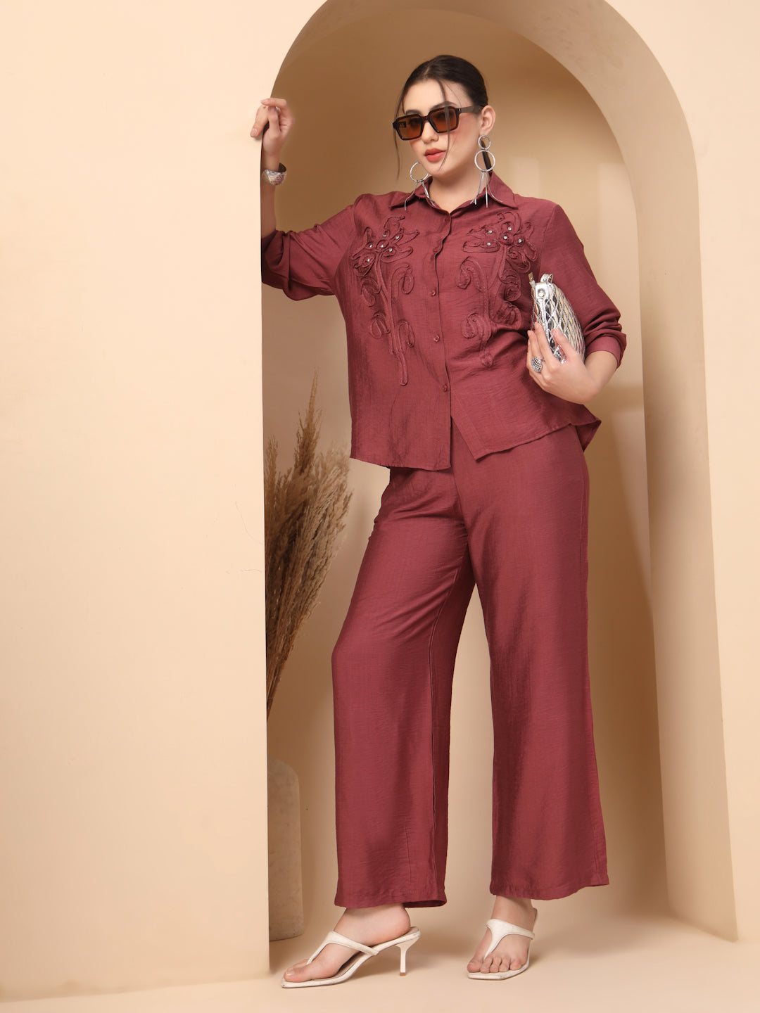 Thirty Threads Womens Onion Self Design Collar Neck Regular Co-Ord Set