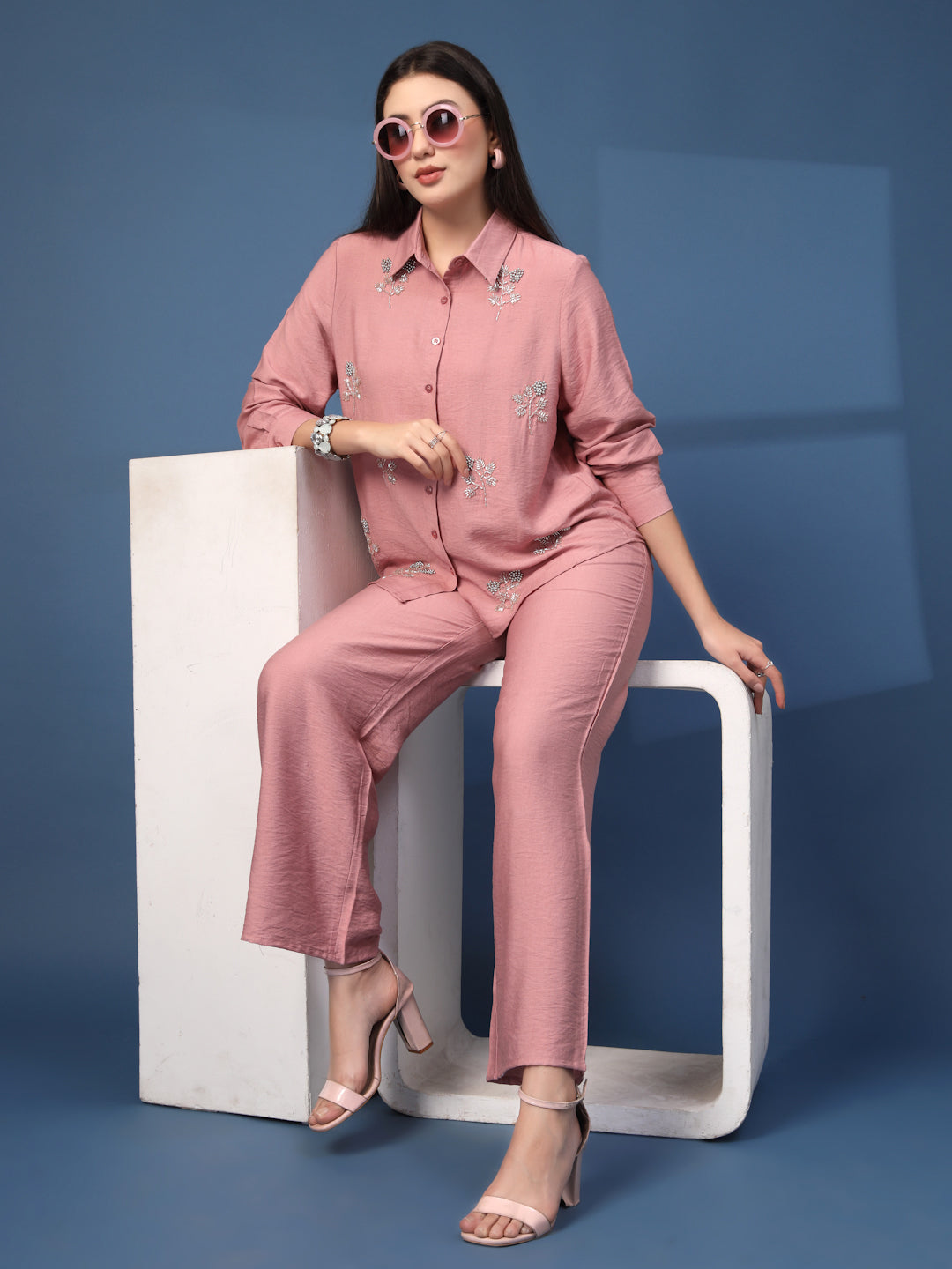 Thirty Threads Womens Peach Embellished Collar Neck Regular Co-Ord Set