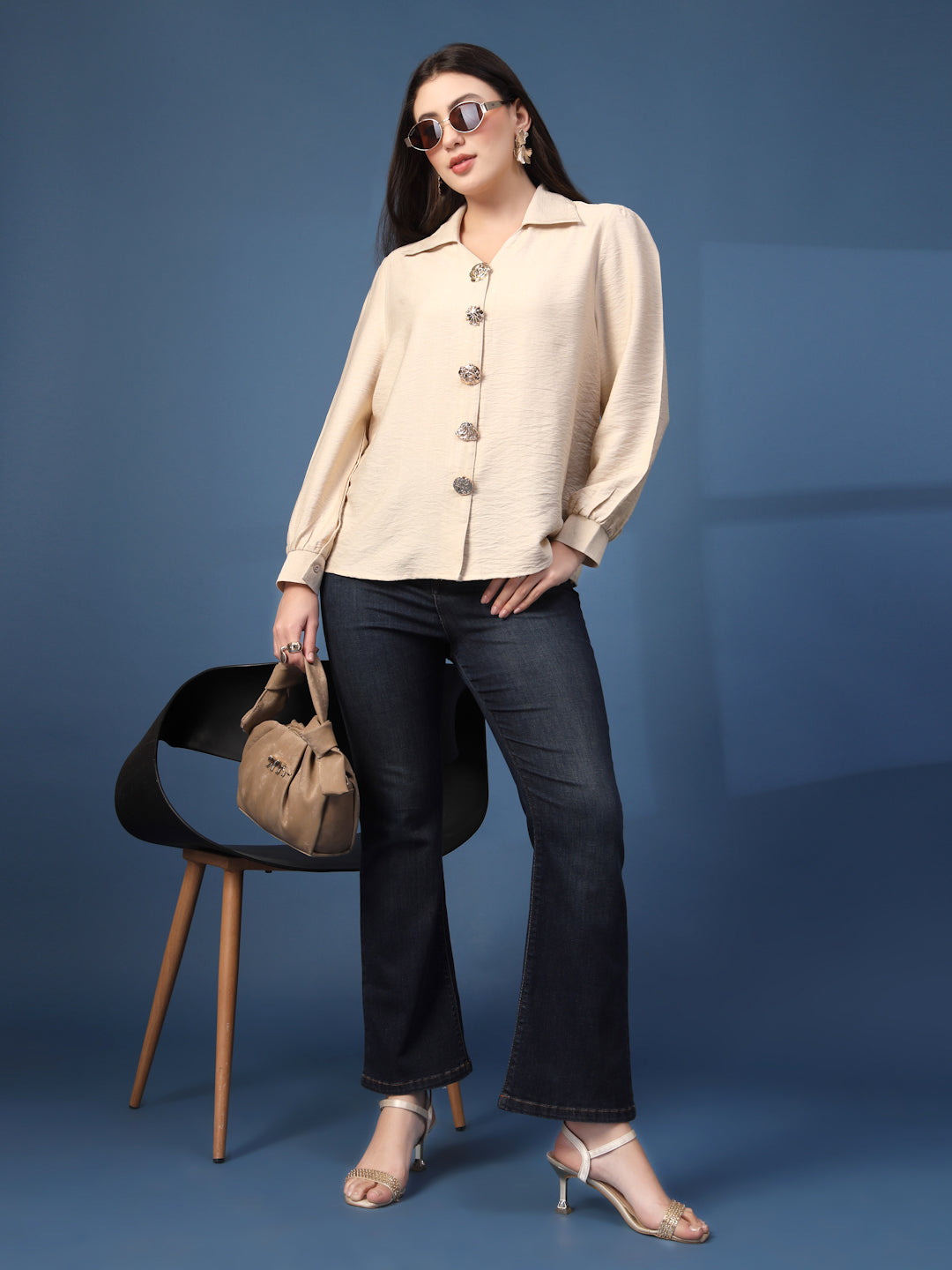 Thirty Threads Womens Pink Solid Collar Neck Long Sleeve Regular Length Shirt