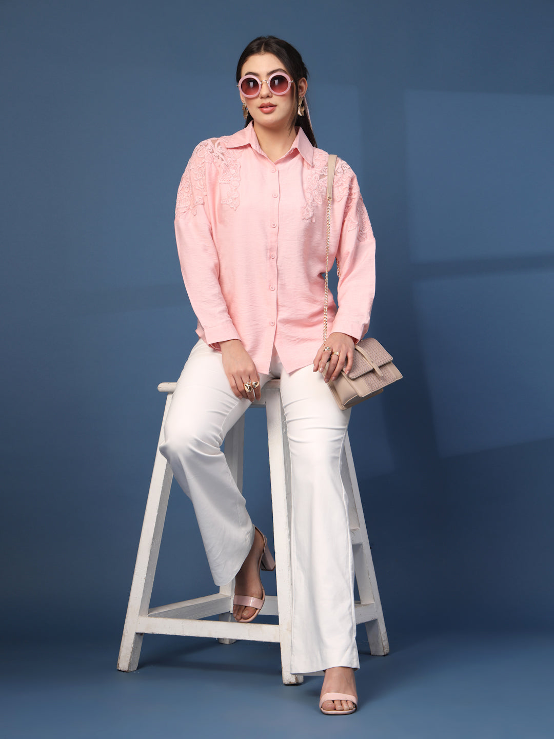 Thirty Threads Womens Peach Self Design Collar Neck Long Sleeve Regular Length Shirt