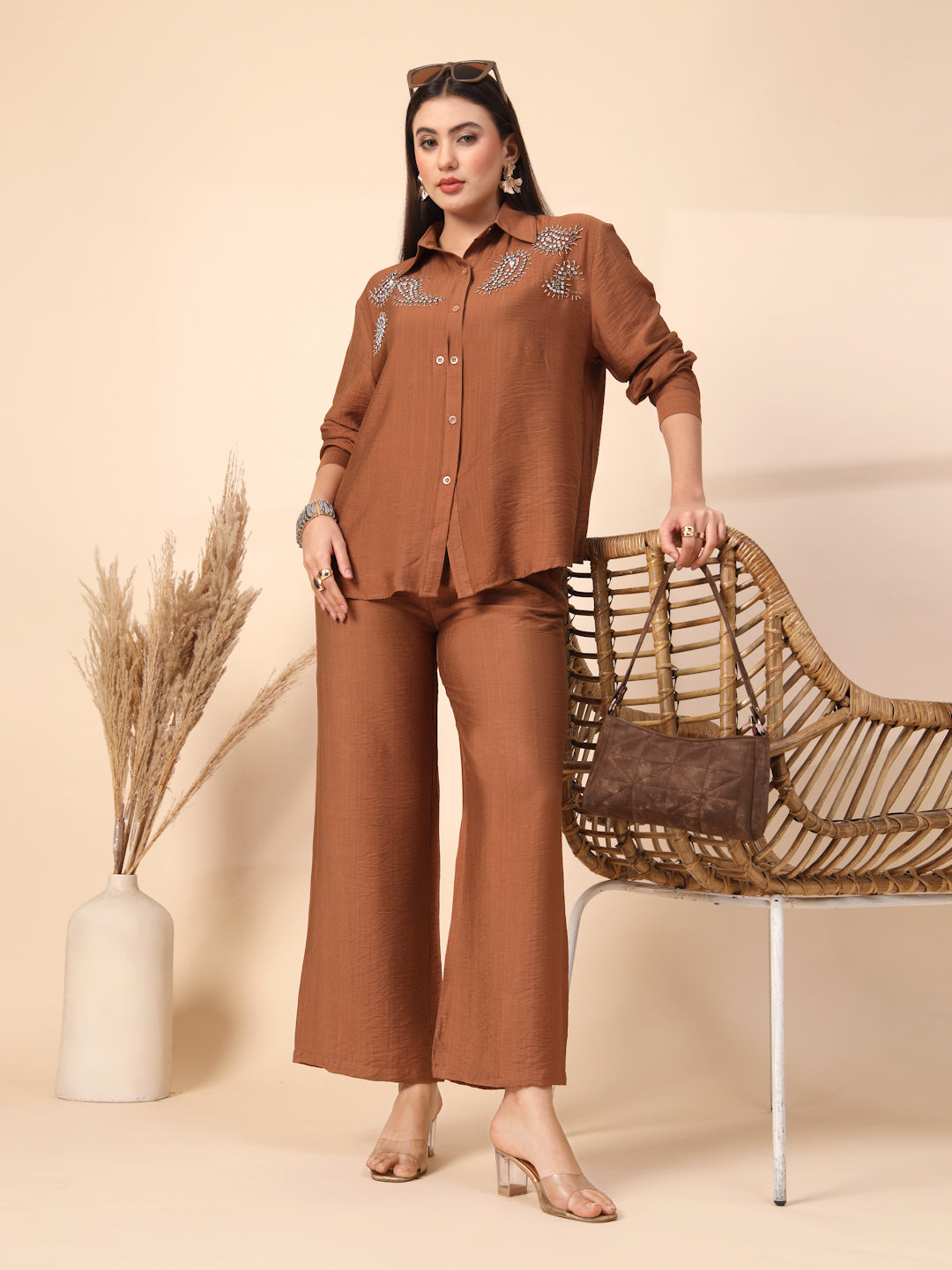 Thirty Threads Womens Brown Embellished Collar Neck Regular Co-Ord Set