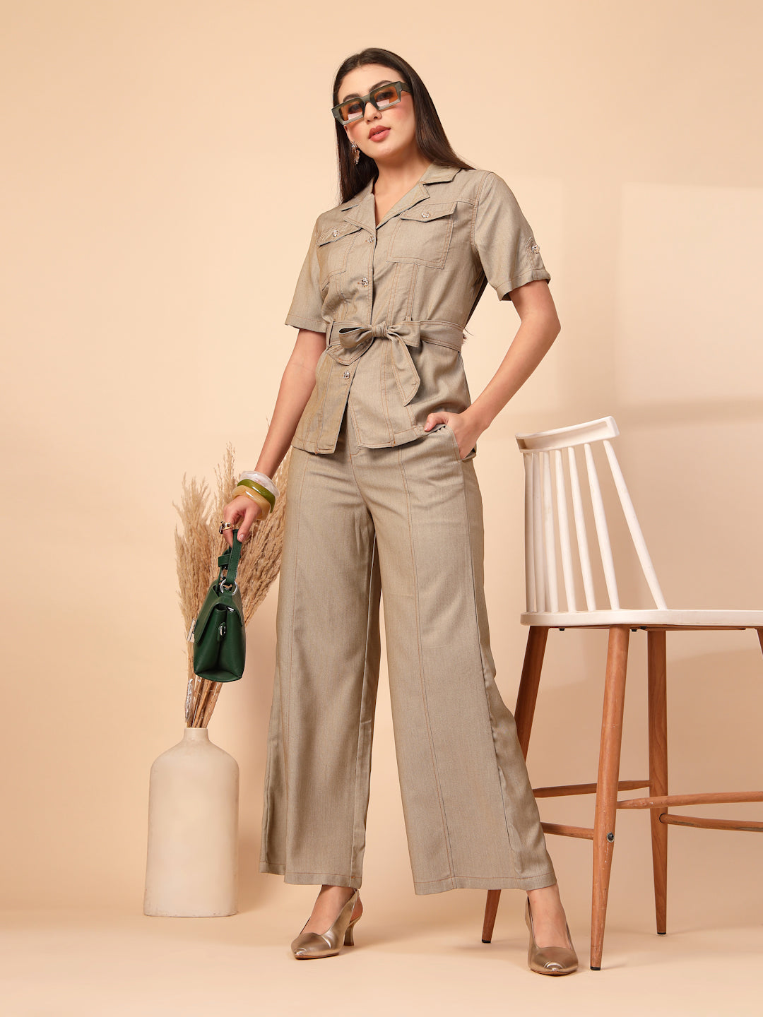 Thirty Threads Womens Blue Solid Lepal Neck Regular Co-Ord Set
