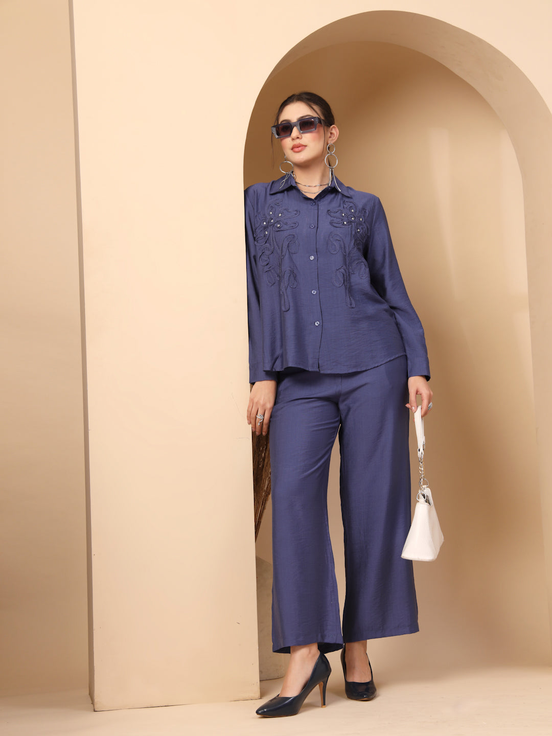Thirty Threads Womens Blue Self Design Collar Neck Regular Co-Ord Set