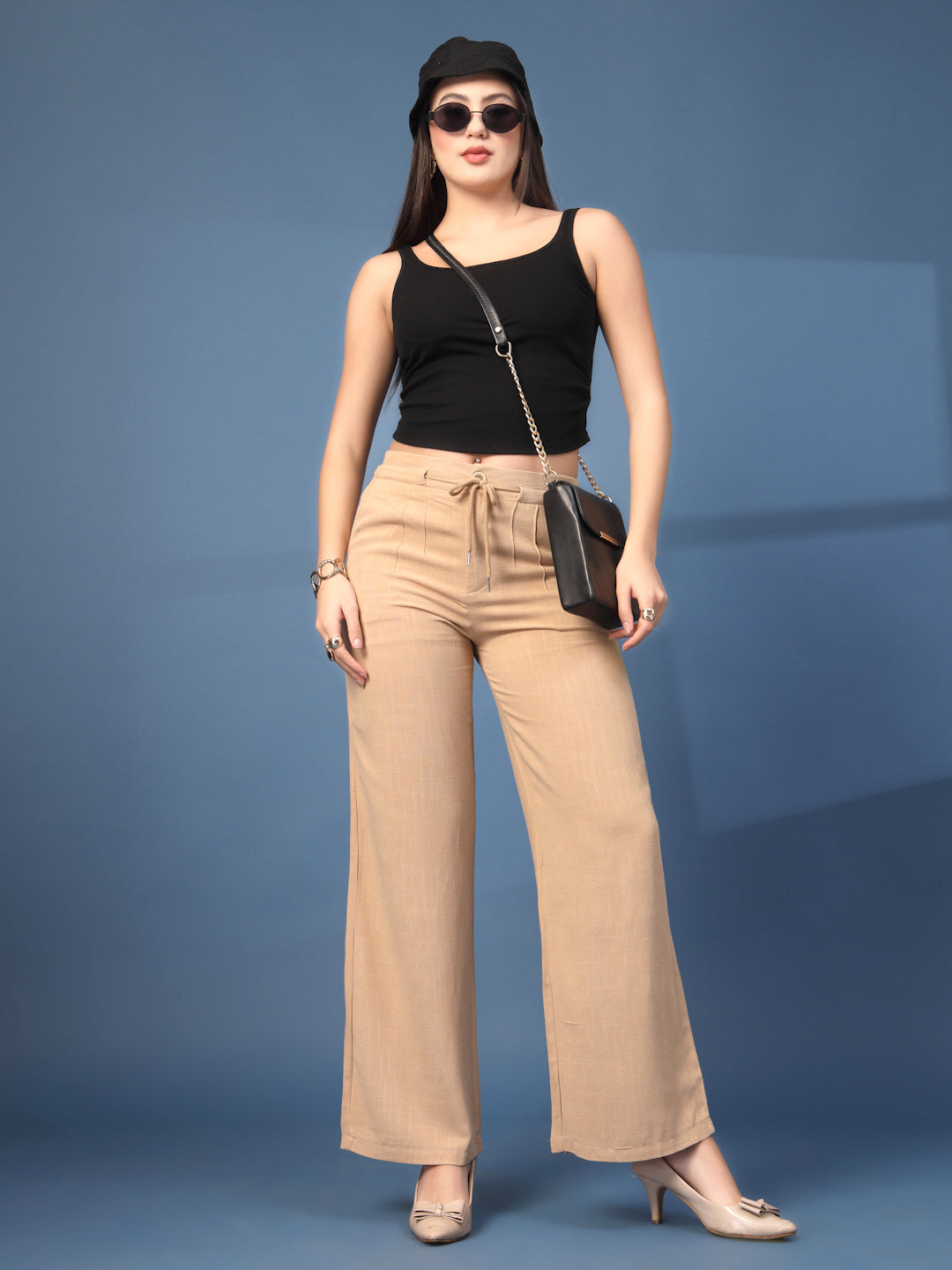 Thirty Threads Womens Beige Solid Ankle Length Palazoo