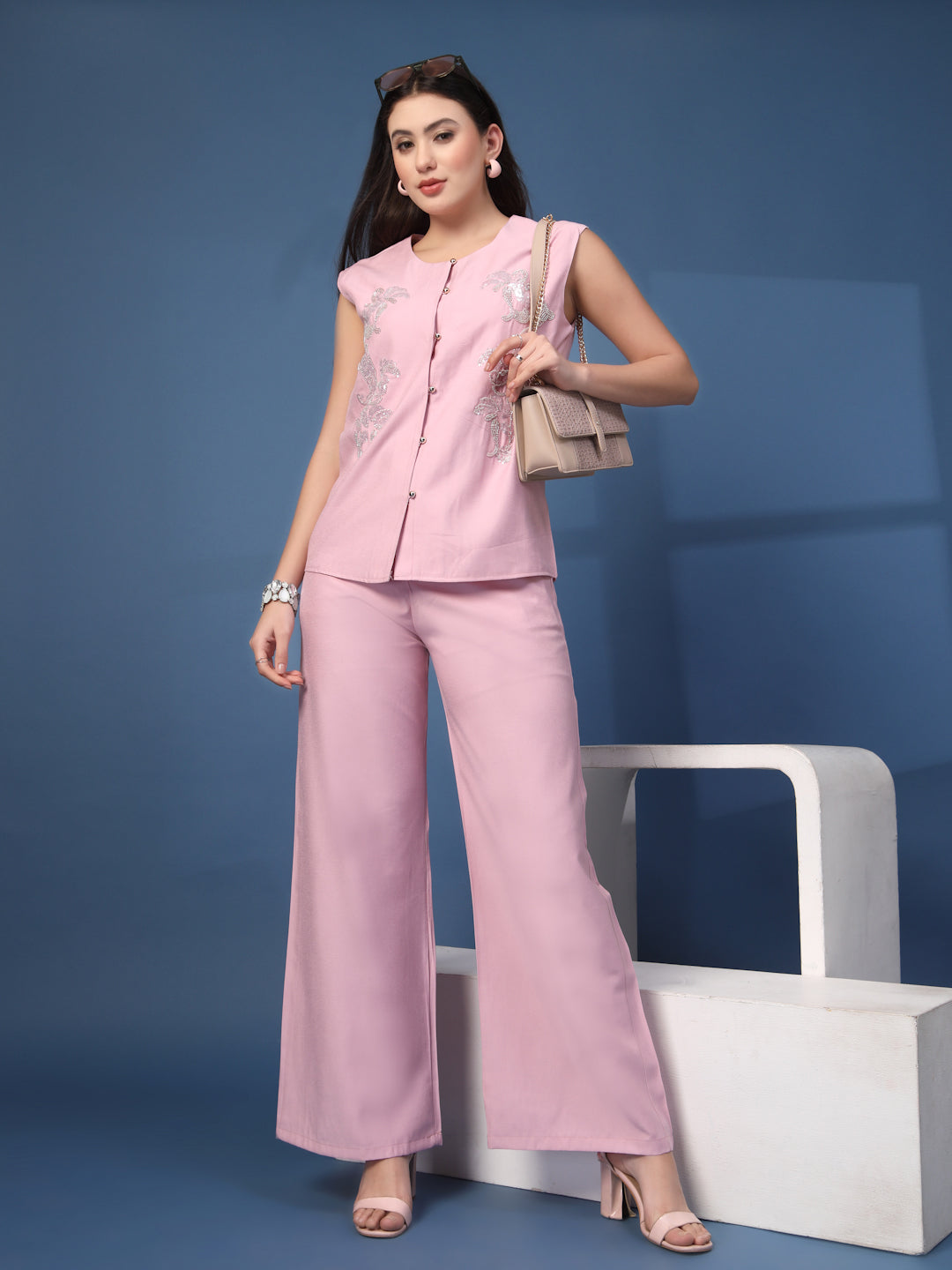 Thirty Threads Womens Lavender Embellished Round Neck Regular Co-Ord Set