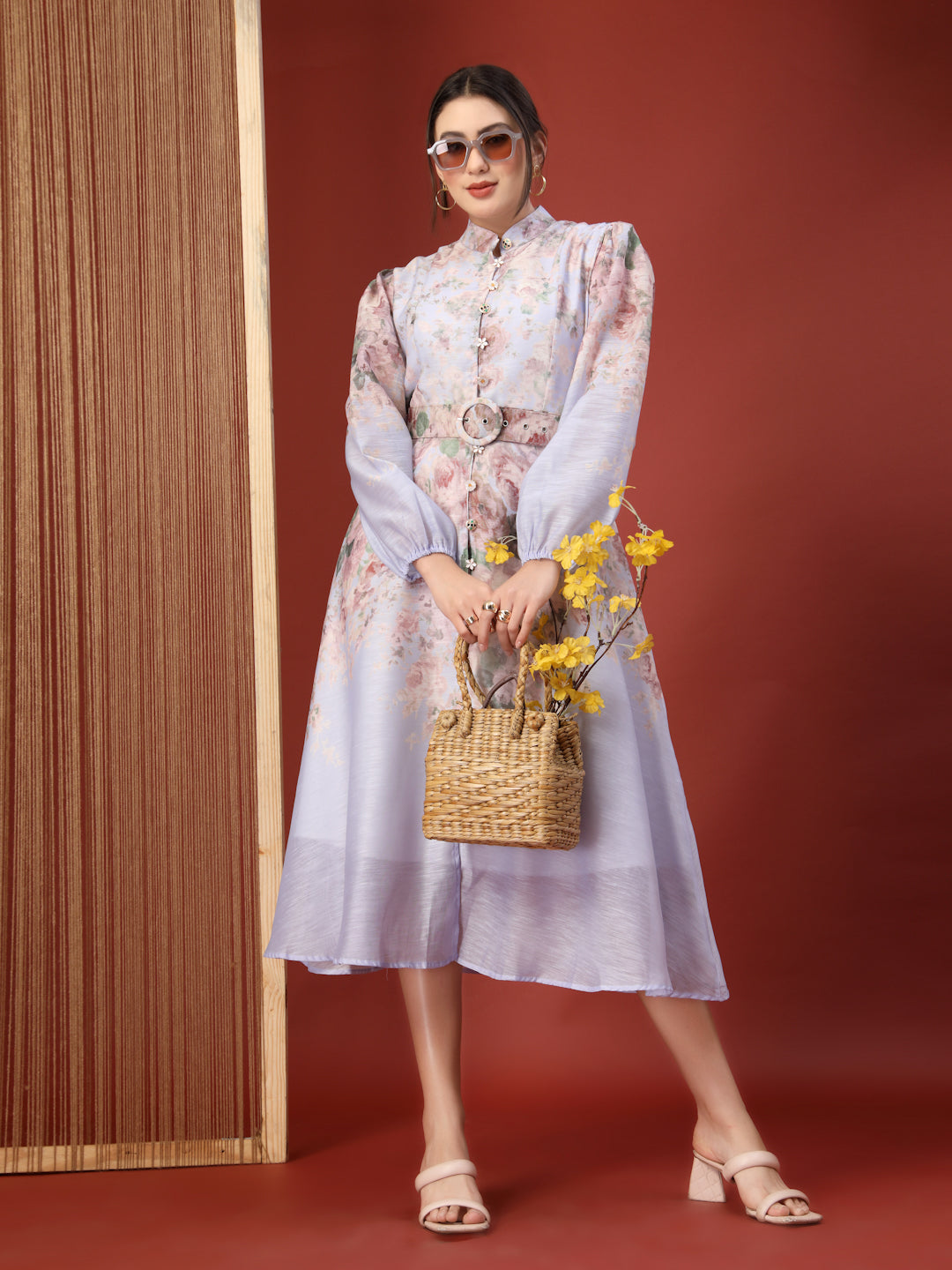 Thirty Threads Womens Multi Floral Mandrain Collar Calf Length Dress