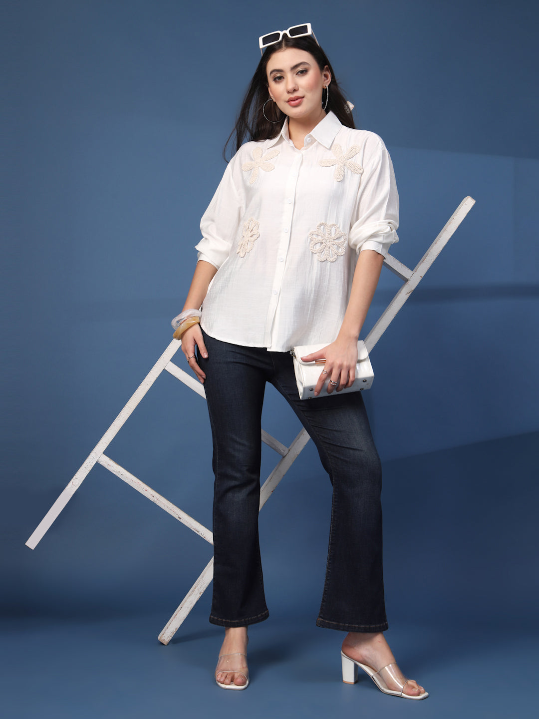 Thirty Threads Womens White Emboirered Collar Neck Long Sleeve Regular Length Shirt