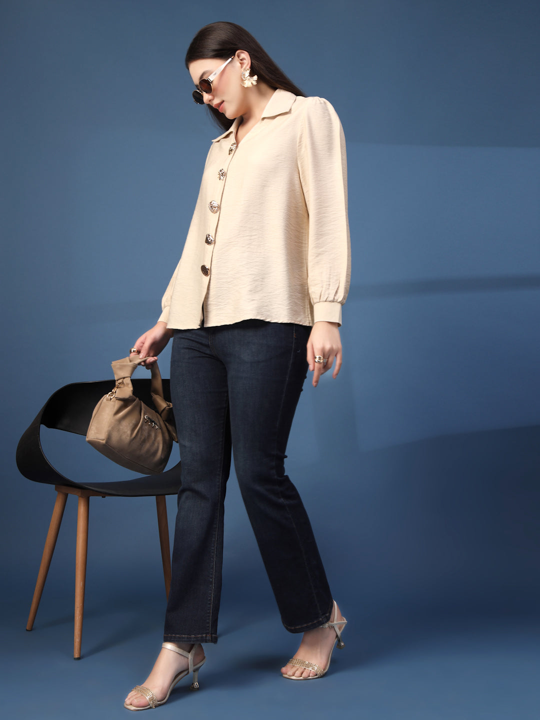 Thirty Threads Womens Beige Solid Collar Neck Long Sleeve Regular Length Shirt