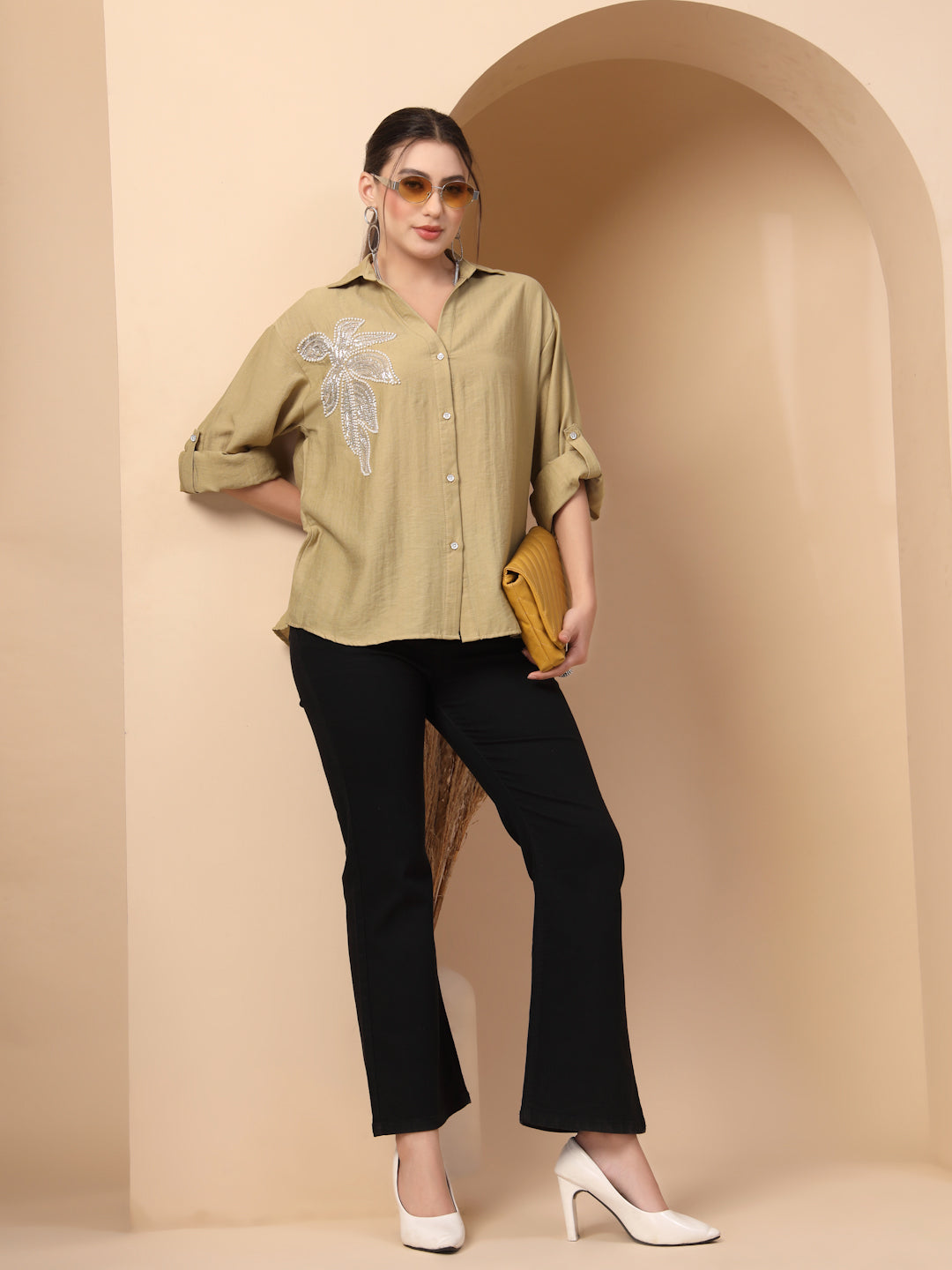 Thirty Threads Comfort Floral Embellished Spread Collar Relaxed Fit Casual Shirt