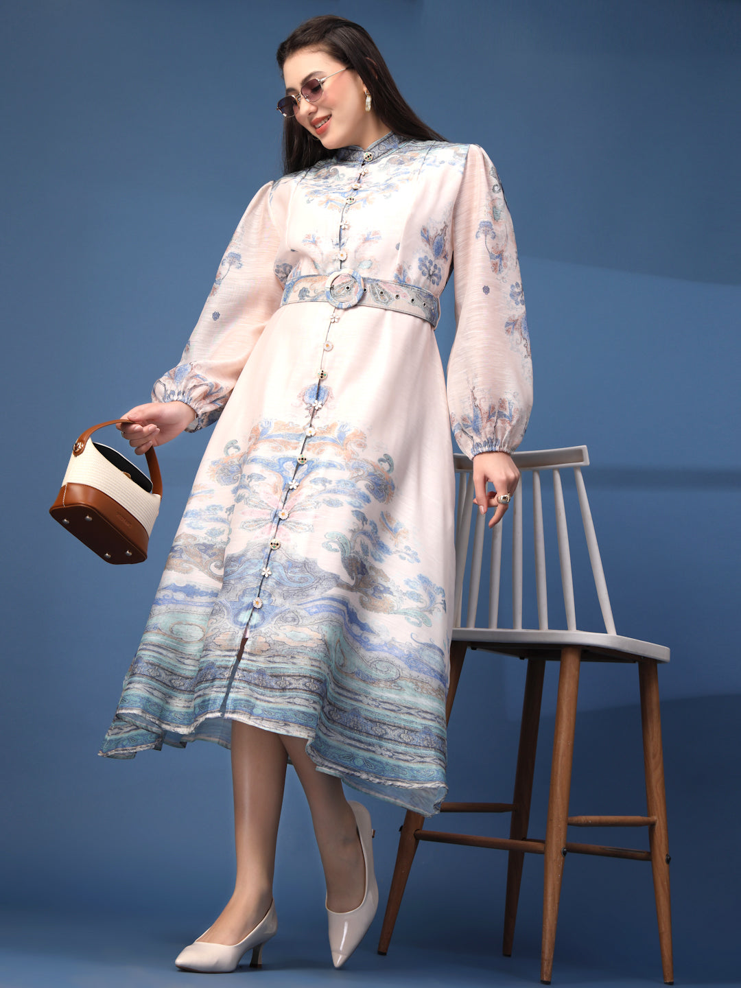 Thirty Threads Womens Multi Floral Mandrain Collar Calf Length Dress