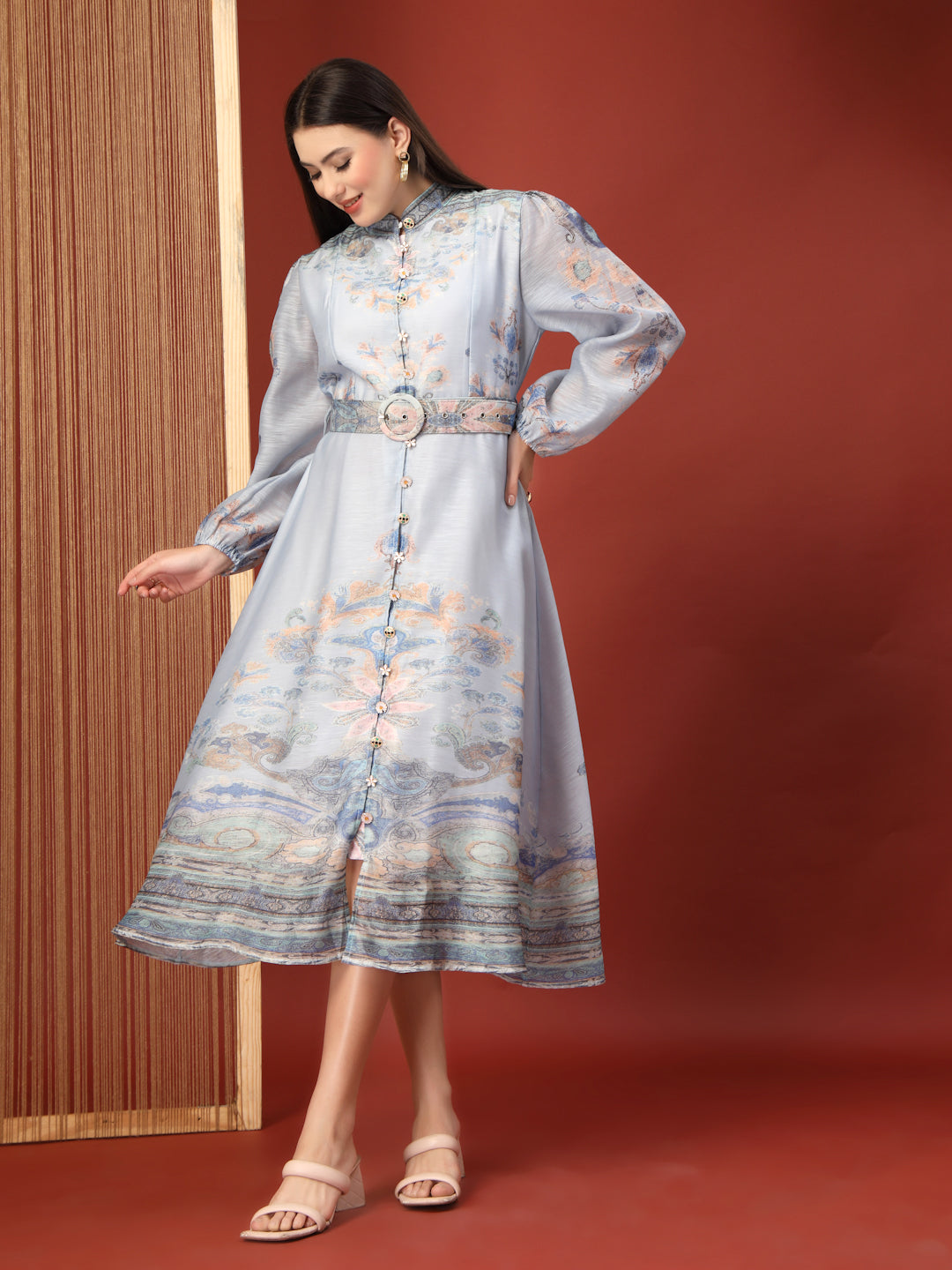 Thirty Threads Womens Multi Floral Mandrain Collar Calf Length Dress