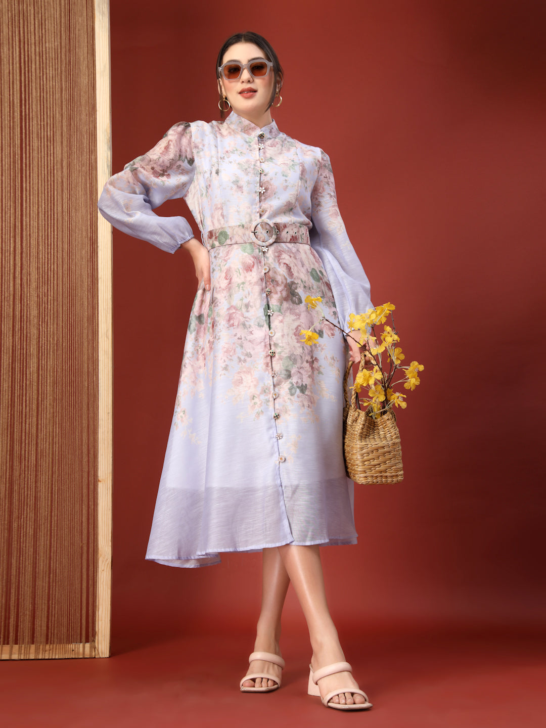 Thirty Threads Womens Multi Floral Mandrain Collar Calf Length Dress