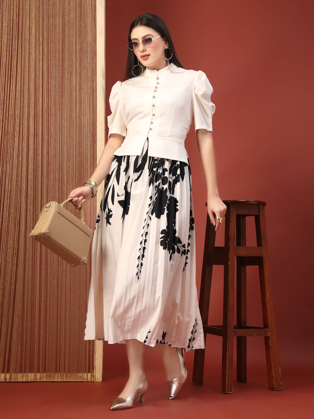 Thirty Threads Womens Off White Floral Mandrain Collar Ankle Length Dress