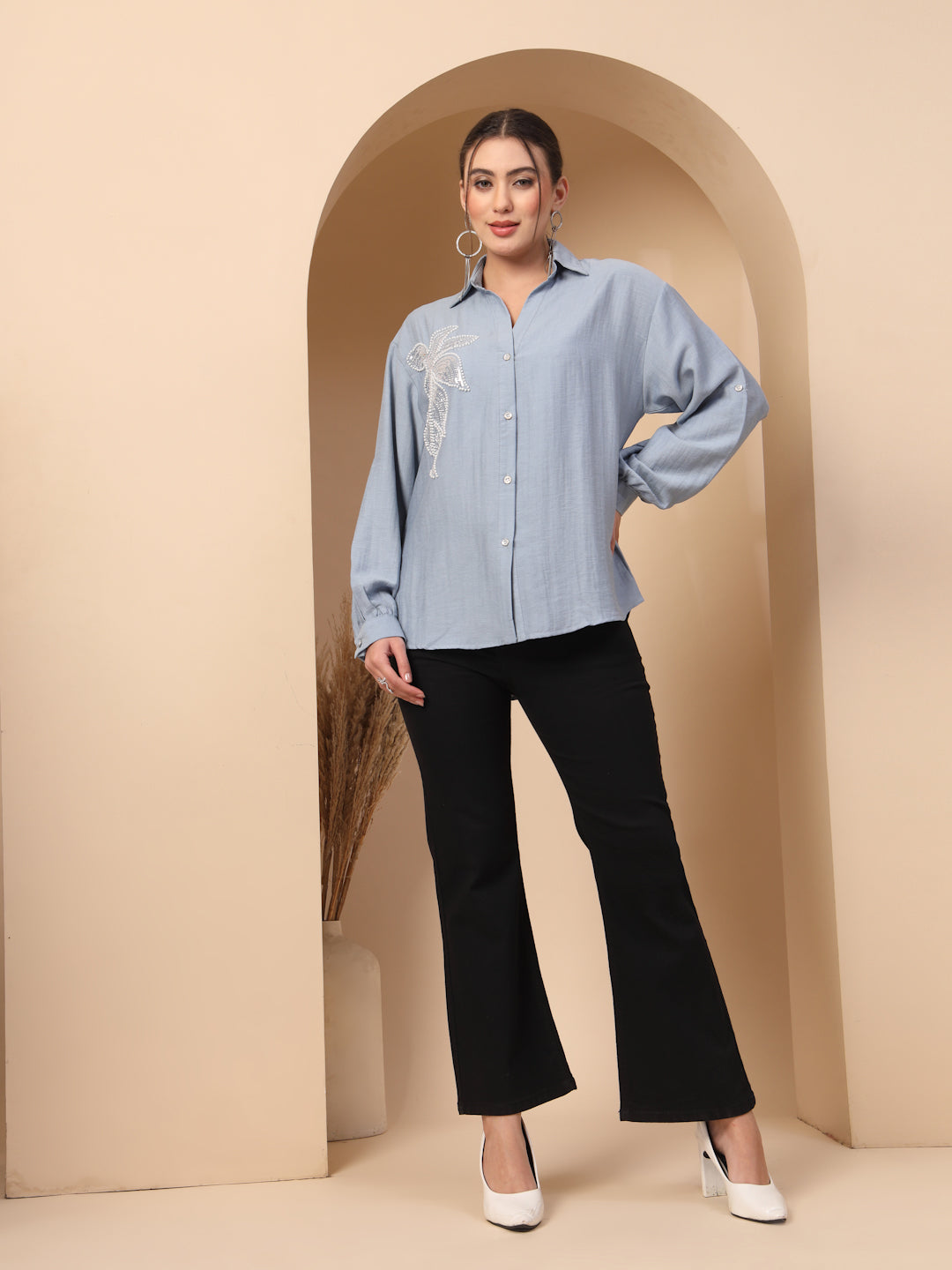 Thirty Threads Womens Blue Embellished Collar Neck Long Sleeve Regular Length Shirt