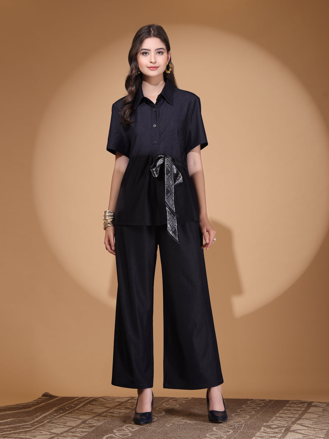 Thirty Threads Womens Demin Blue Solid Shirt Collar Neck Regular Co-Ord Set