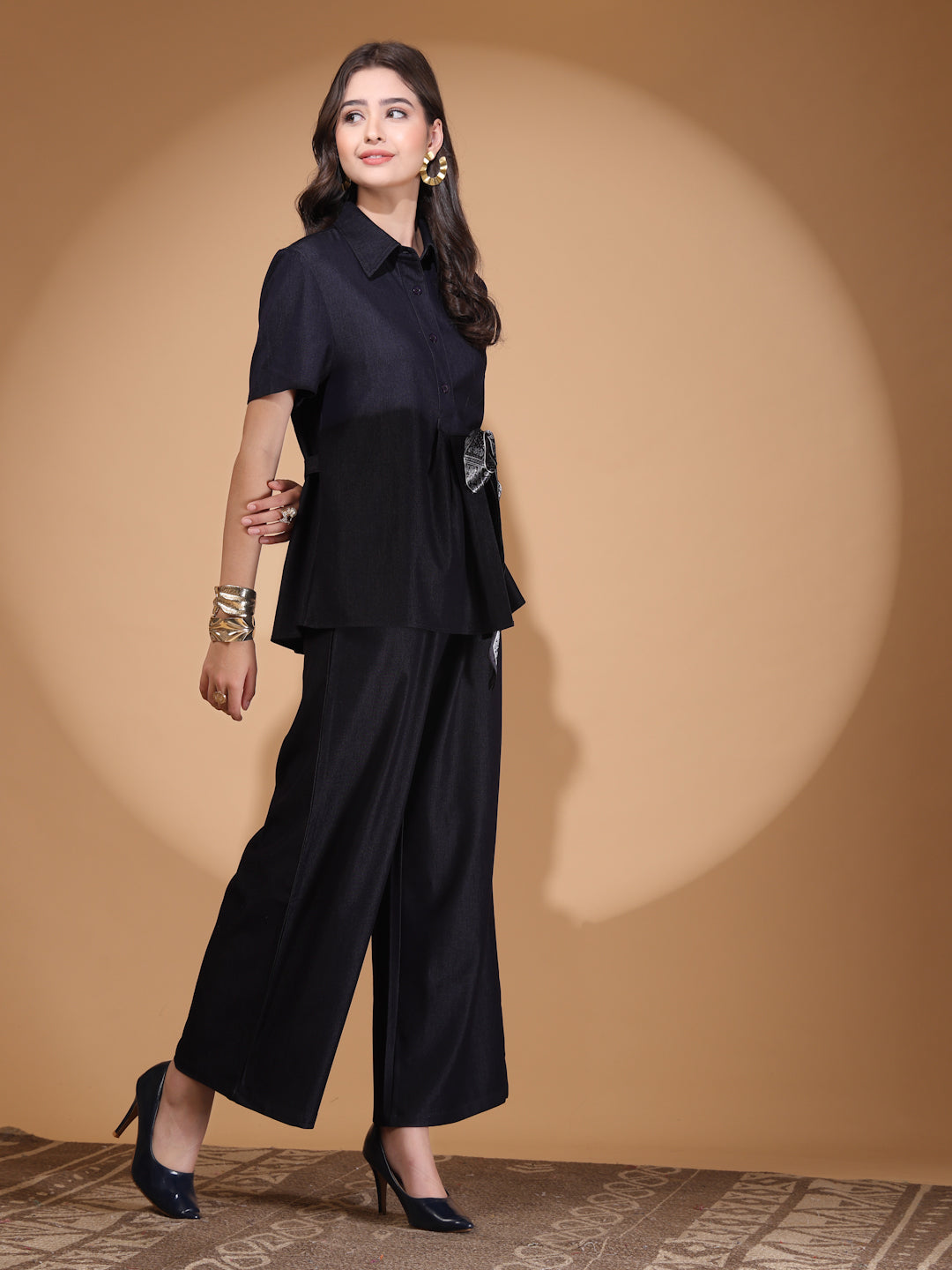 Thirty Threads Womens Demin Blue Solid Shirt Collar Neck Regular Co-Ord Set