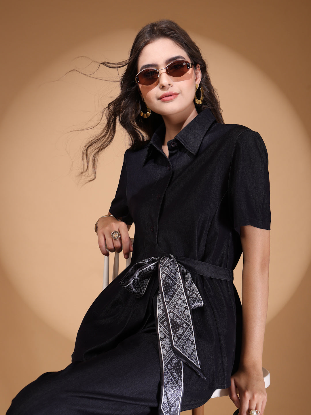 Thirty Threads Womens Demin Blue Solid Shirt Collar Neck Regular Co-Ord Set