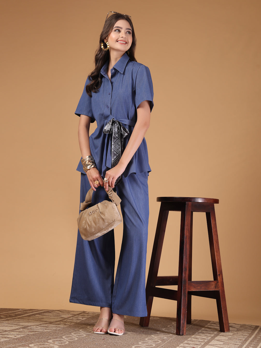 Thirty Threads Womens Demin Blue Solid Shirt Collar Neck Regular Co-Ord Set