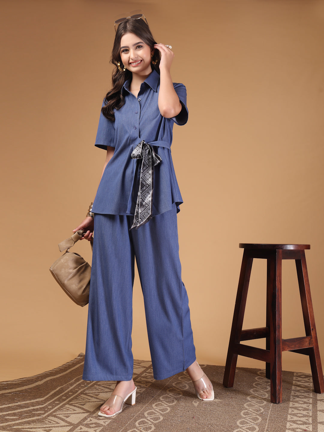 Thirty Threads Womens LT Blue Solid Shirt Collar Neck Regular Co-Ord Set